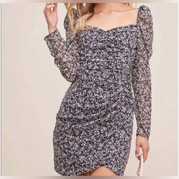 ASTR The Label Ruched Black White Floral Sweetheart Mini Dress Womens Size XL - Picture 5 of 13